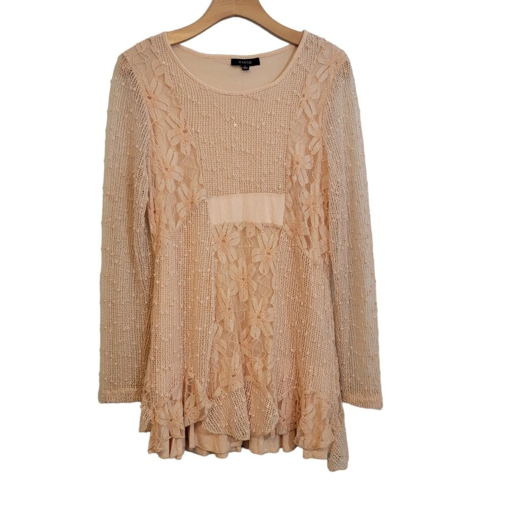Kaktus Tunic Top Crochet Lacy Sequins‎ Light Peach Peasant Boho Festival Small